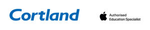 Logo Cortland z podpisem Autorised Education Specialist i logo Apple